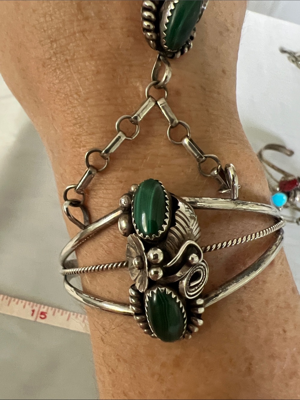 Sterling Silver Malachite Stone ring hand Chain Bracelet - Picture 5 of 7